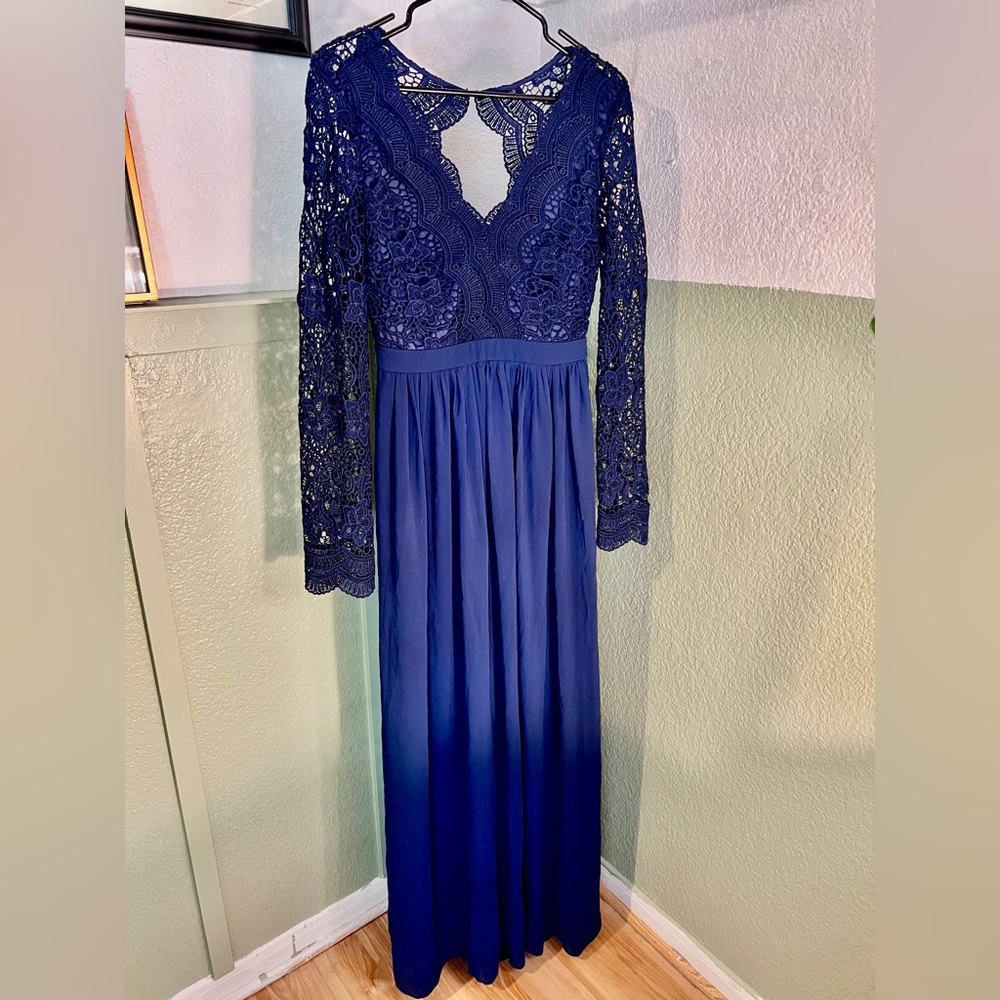 Elegant LuLus Awaken Lace Long Sleeve Dark Blue Bridesmaid Dress